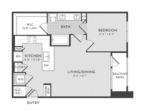 Floor plan for 1 bed, 1 bath, 755 sqft